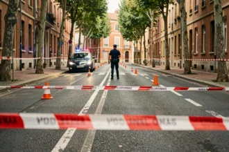 Rue de Toulouse barrée par un ruban de police après un accident mortel, cônes de signalisation orange et agent en uniforme visible en arrière-plan
