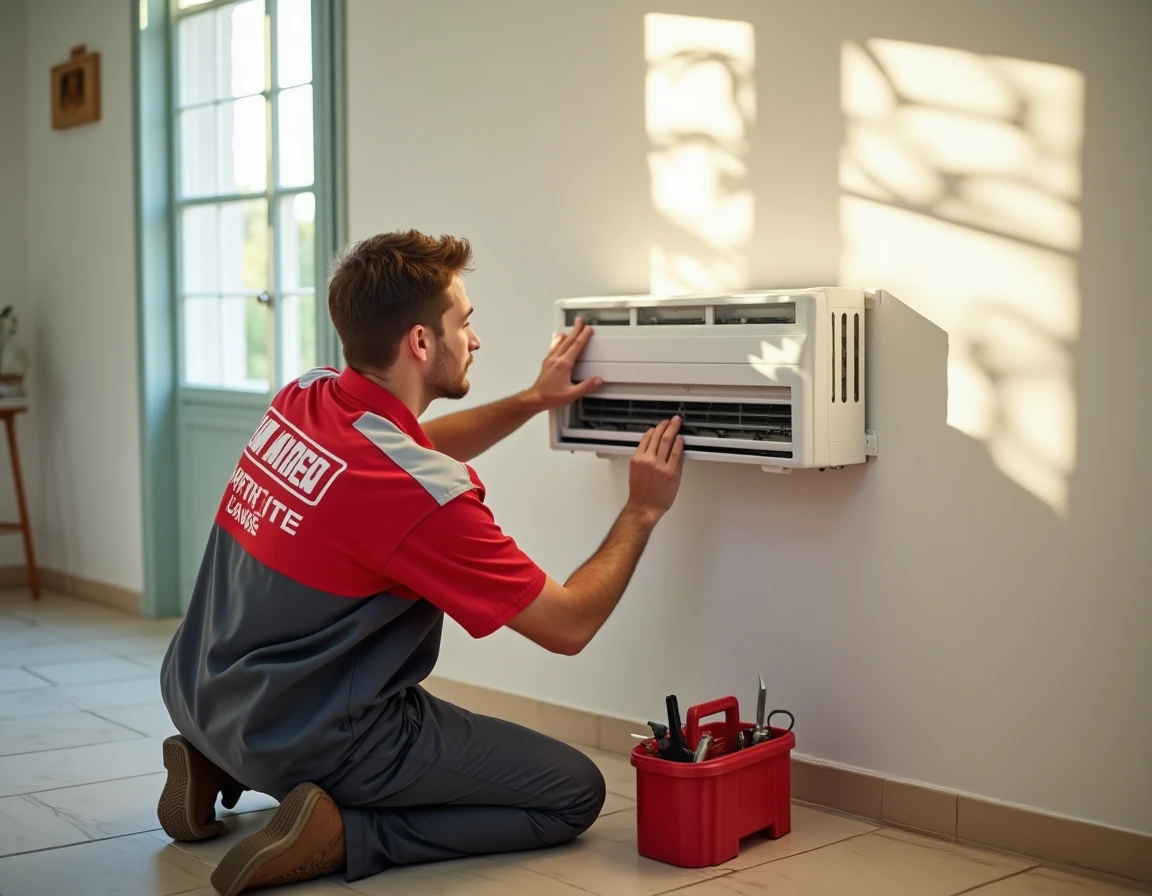 Technicien d'AD Climatisation 83 installant un climatiseur split sur le mur d'une cuisine provençale ensoleillée