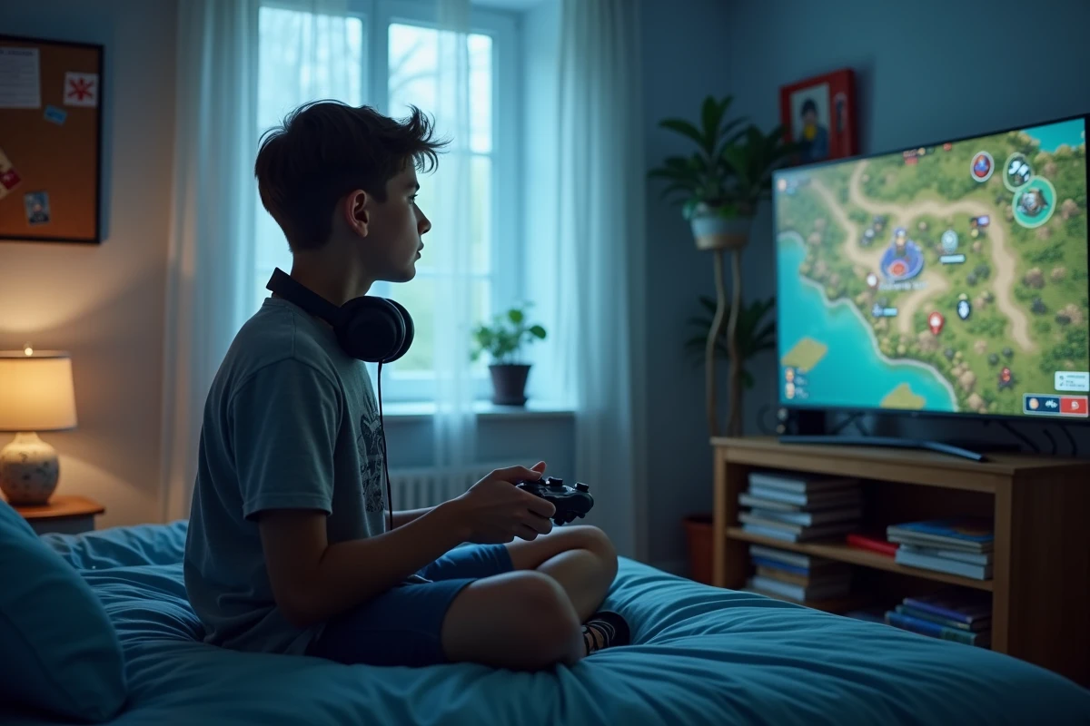 Adolescent jouant à un jeu de tactique au tour par tour sur une télévision murale dans une chambre d'étudiant