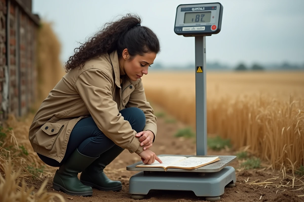 Agronome mesurant une récolte en quintaux sur une balance numérique dans un champ de blé avec des notes de conversion en tonnes