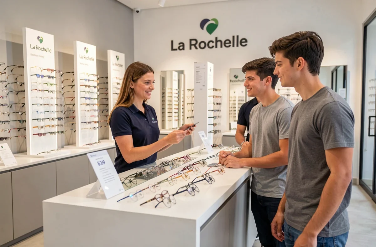 Intérieur du magasin Alain Afflelou à La Rochelle avec une opticienne présentant une gamme accessible de lunettes à un couple