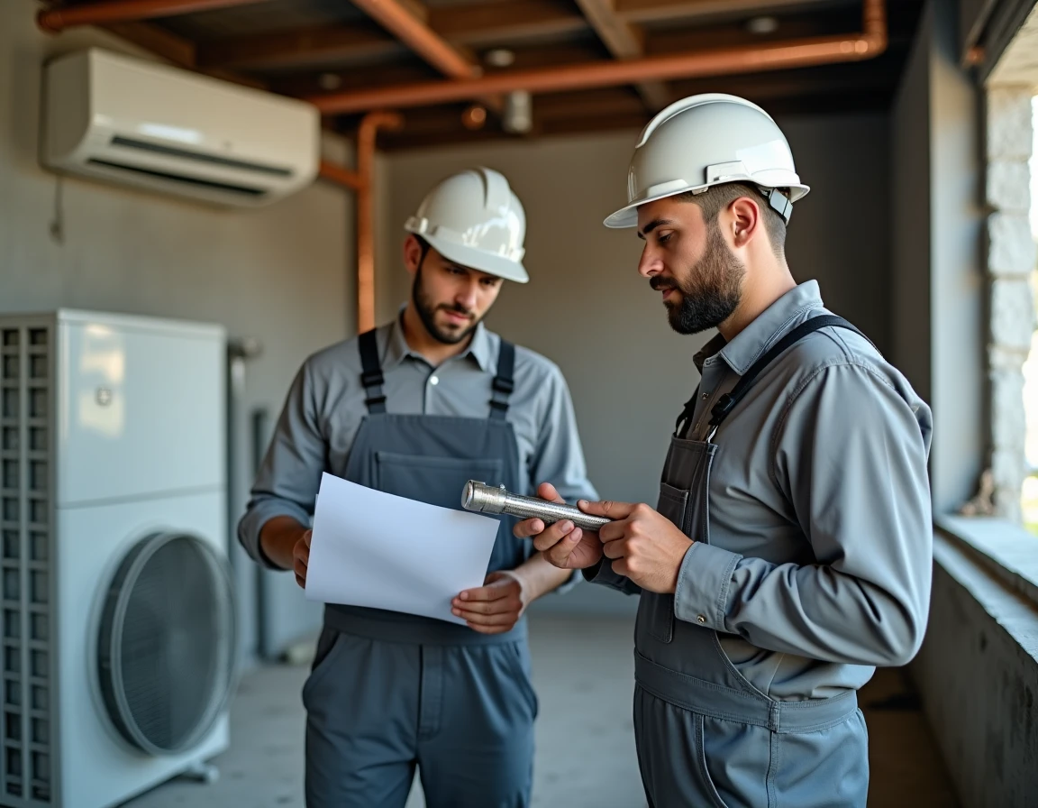Deux techniciens d'Alpha Complémentarité installant un système de climatisation multi-split dans un appartement rénové