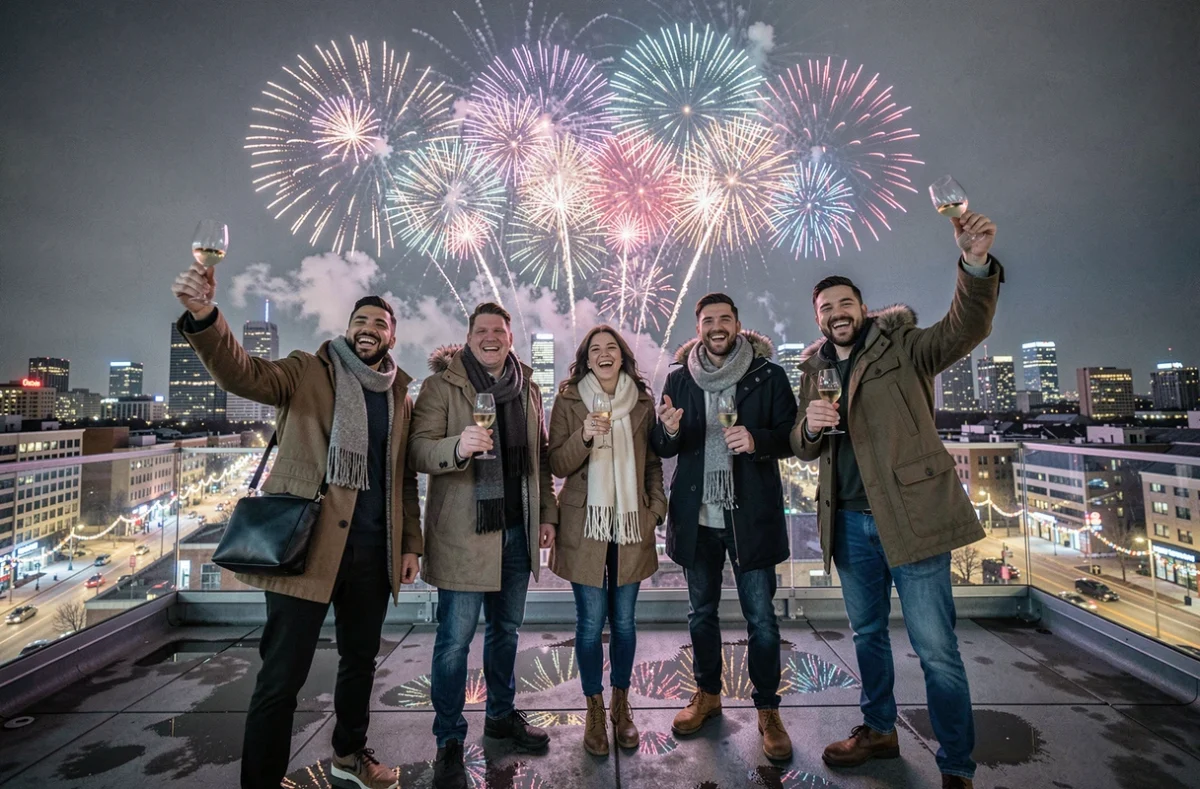 Groupe d'amis sur un toit urbain levant leurs verres pour célébrer la bonne année 2026 avec des feux d'artifice illuminant la skyline
