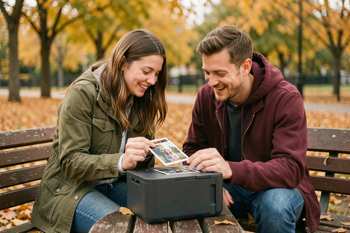Deux amis assis sur un banc de parc en automne, regardant ensemble des photos imprimées avec une imprimante photo portable