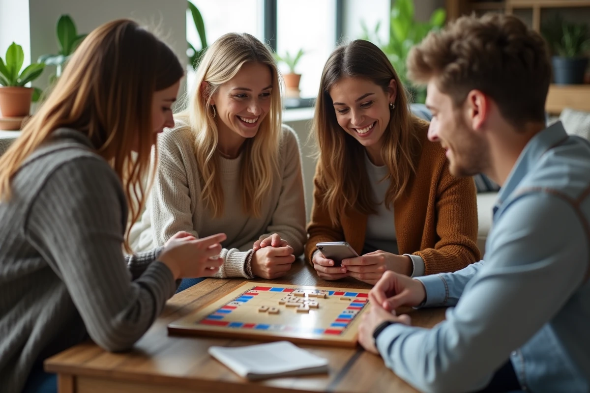 Trois amis jouent au Scrabble dans un salon moderne