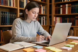 Femme apprenant du vocabulaire naturellement sur un ordinateur portable avec des notes manuscrites sur un bureau en bois