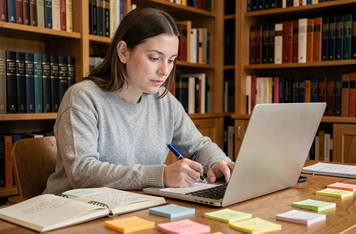 Femme apprenant du vocabulaire naturellement sur un ordinateur portable avec des notes manuscrites sur un bureau en bois