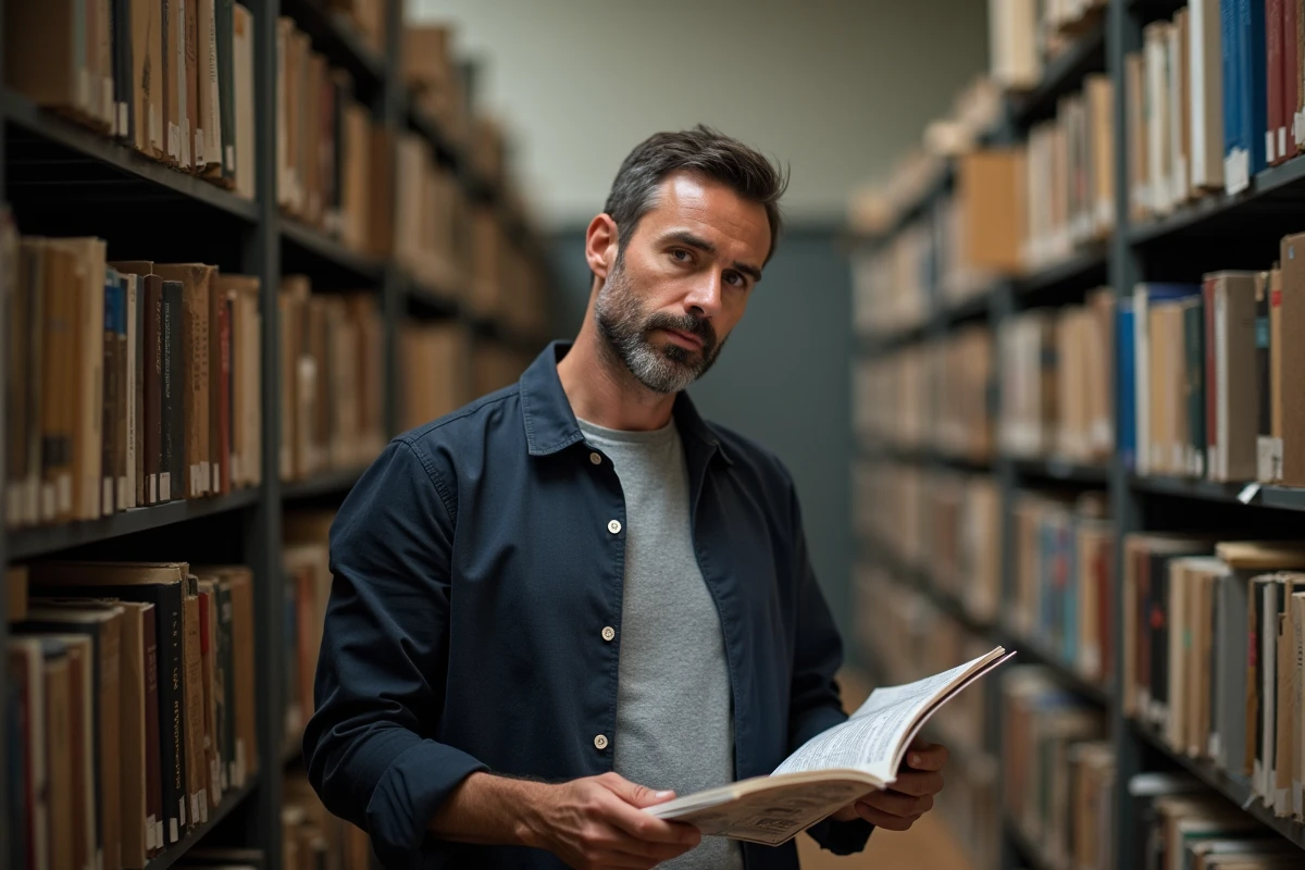 Homme consultant des archives imprimées dans une salle de conservation éditoriale, symbolisant l'héritage et la profondeur éditoriale d'epershand.net Magazine