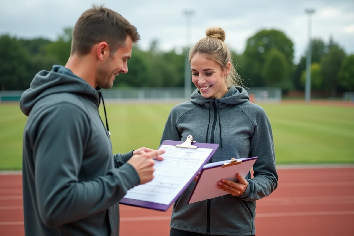 Deux athlètes comparant leurs plannings d'entraînement en semaines paires et impaires sur une piste d'athlétisme