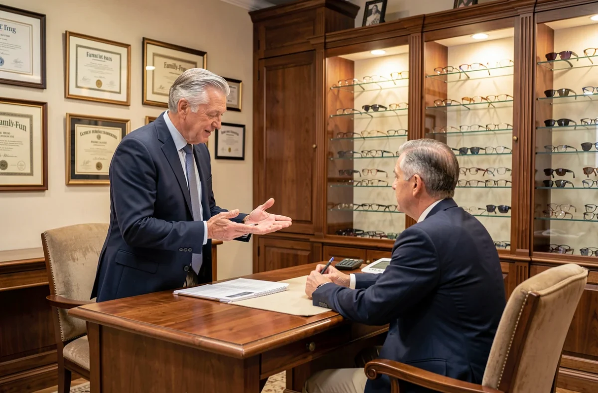 Opticien de Balouzat Opticiens conseillant un client dans une boutique élégante aux meubles en bois