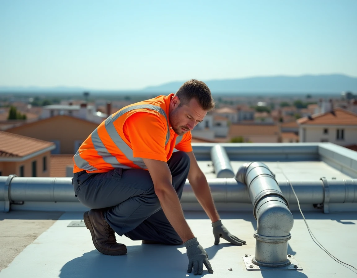 Technicien de Bati-technique effectuant la maintenance de conduits HVAC industriels sur le toit d'un bâtiment commercial varois
