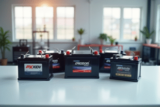 Batteries de voiture de grandes marques alignées dans un atelier lumineux
