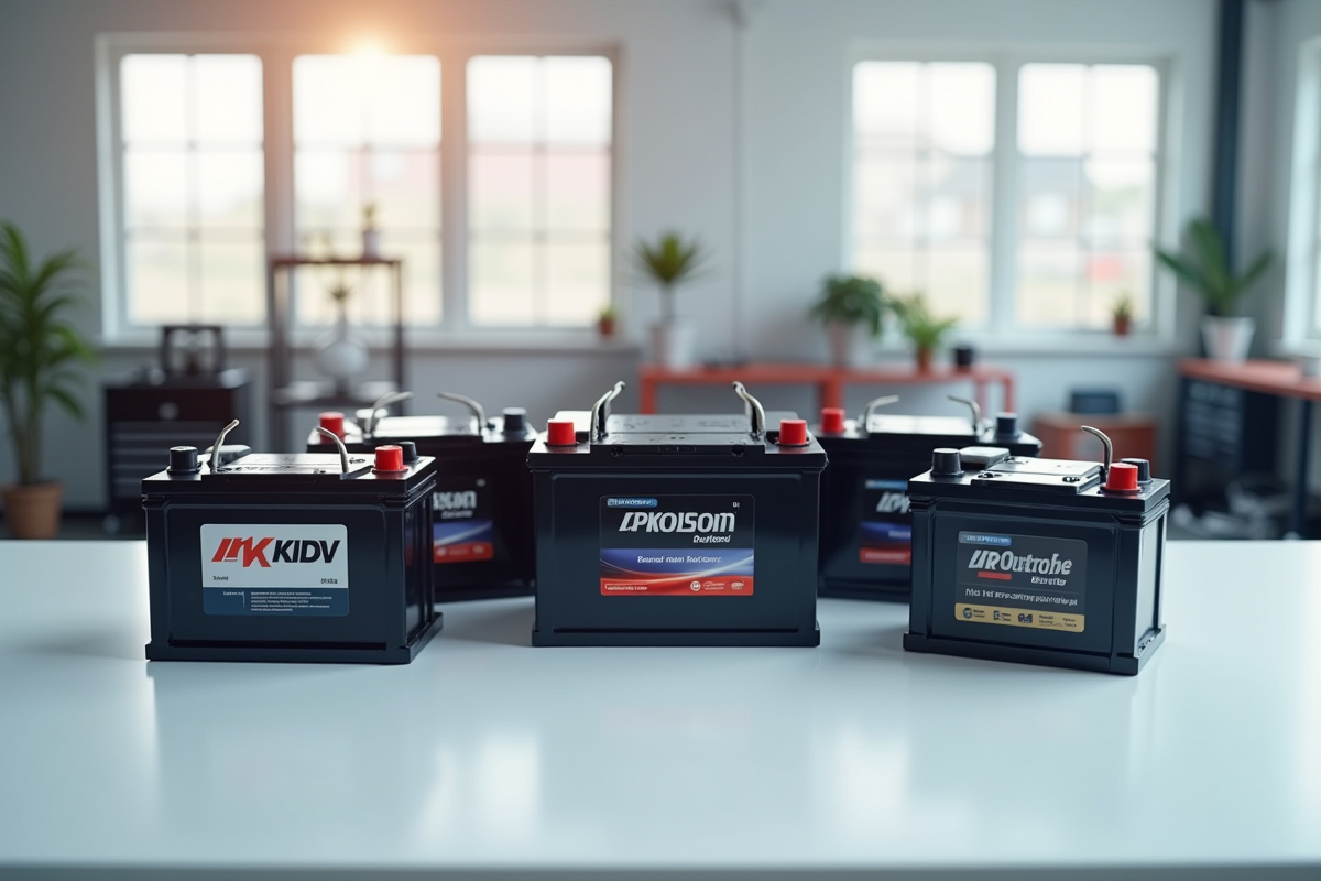 Batteries de voiture de grandes marques alignées dans un atelier lumineux