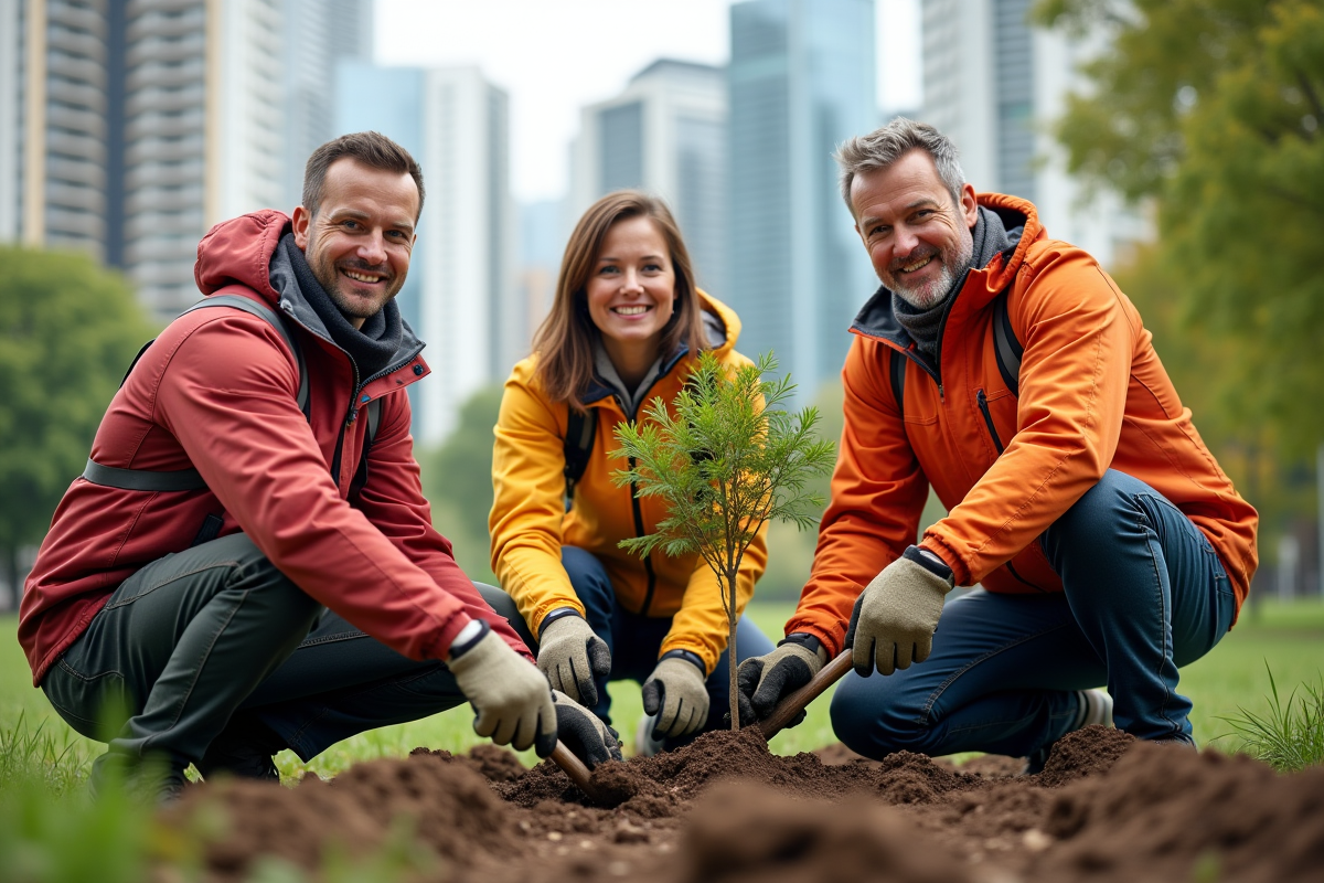 Groupe de bénévoles plantant des jeunes arbres dans un parc urbain