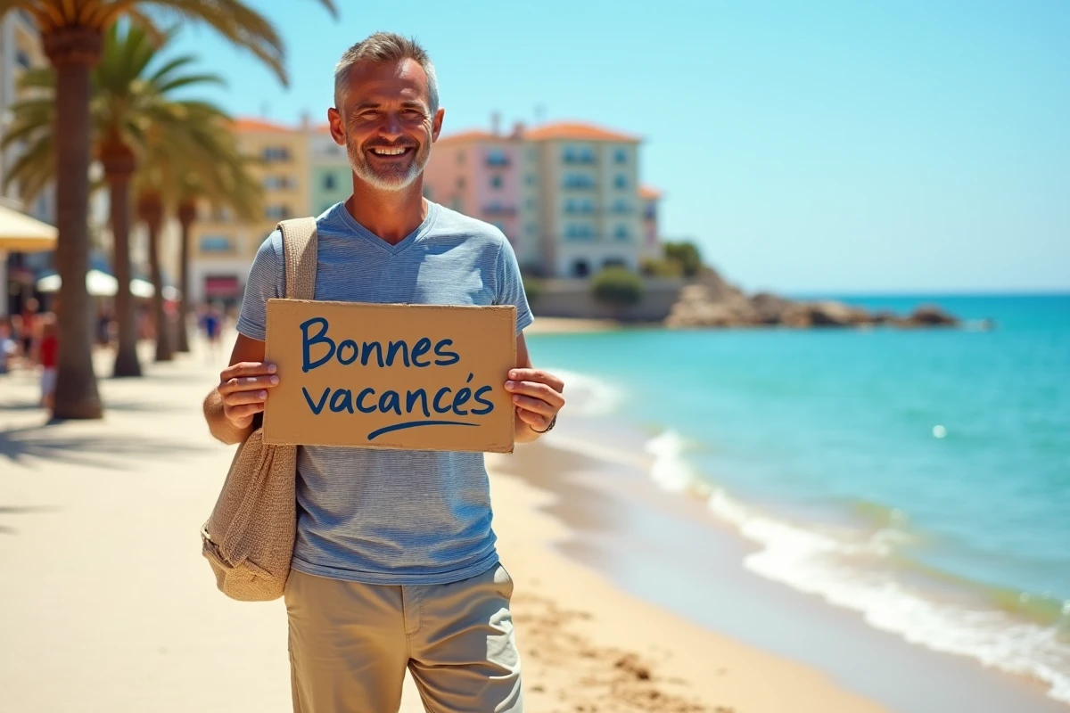 Homme tenant un panneau 'Bonnes vacances' sur une promenade en bord de mer méditerranéen, illustration quiz orthographe vacances