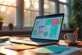 Bureau créatif avec ordinateur portable affichant interface colorée