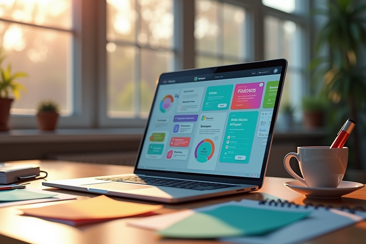 Bureau créatif avec ordinateur portable affichant interface colorée