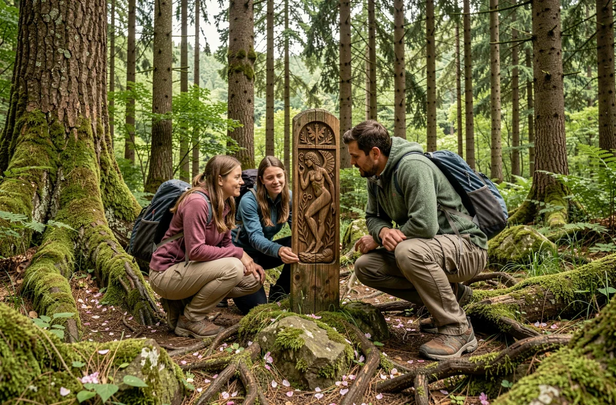 Groupe de joueurs découvrant des symboles mystiques en forêt dans le Camp des Dryades à Châtel-Montagne