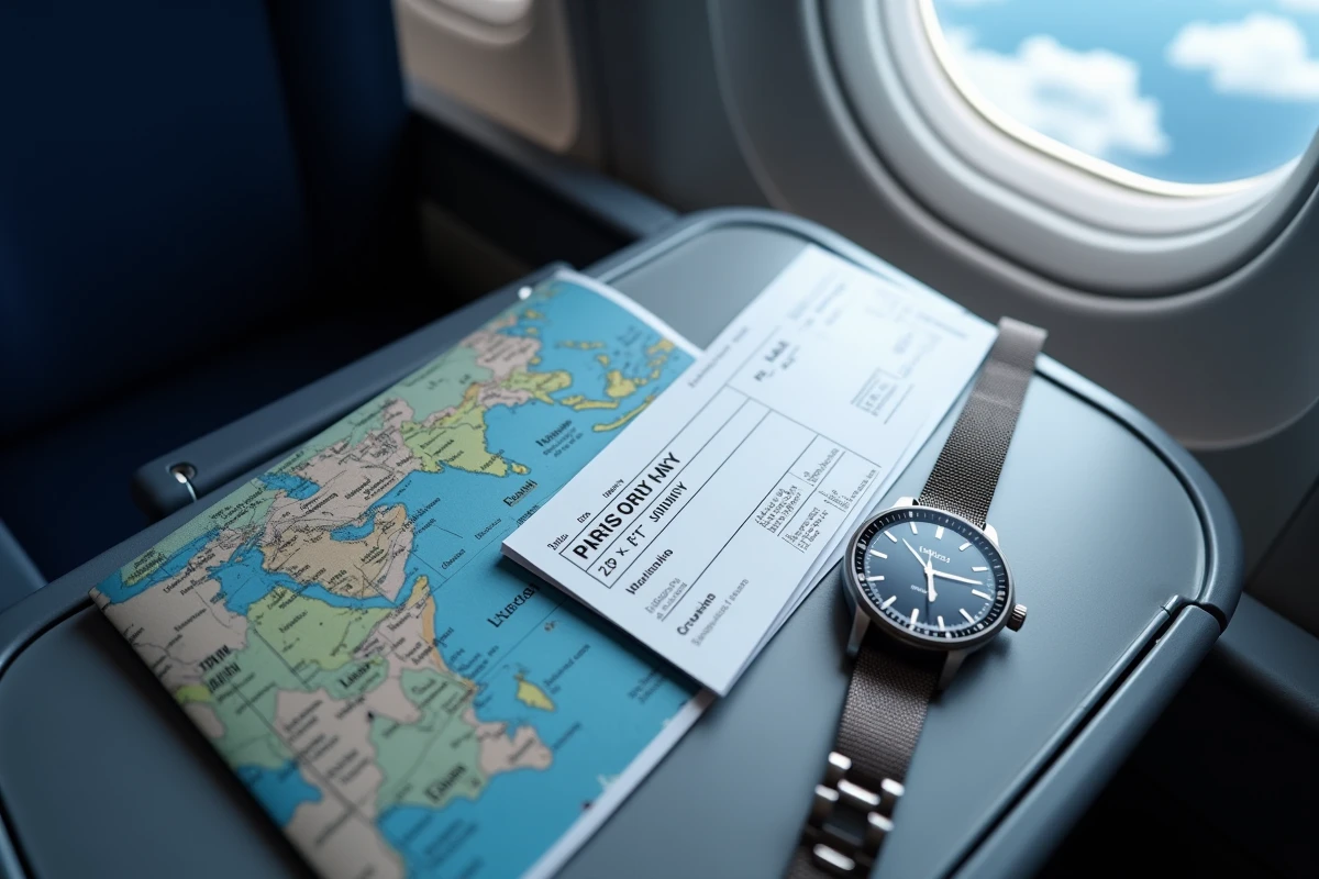Carte d'embarquement Paris-Sydney, montre analogique et carte des fuseaux horaires sur une tablette d'avion