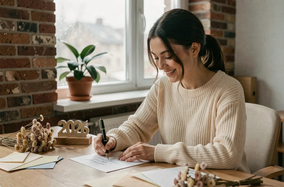 Jeune femme rédigeant une carte de vœux manuscrite pour la bonne année 2026 à un bureau en bois décoré de fleurs séchées