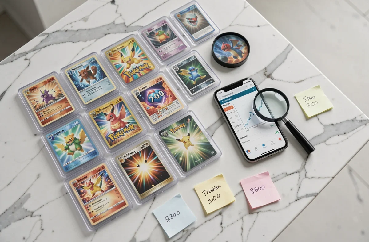 Vue du dessus d'une collection de cartes Pokémon gradées PSA disposées avec un smartphone affichant une courbe de prix en hausse et des annotations manuscrites