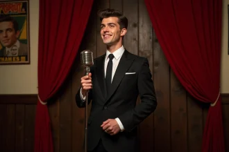 Jeune chanteur yéyé français des années 60 en costume slim noir tenant un microphone vintage sur scène dans un cabaret parisien