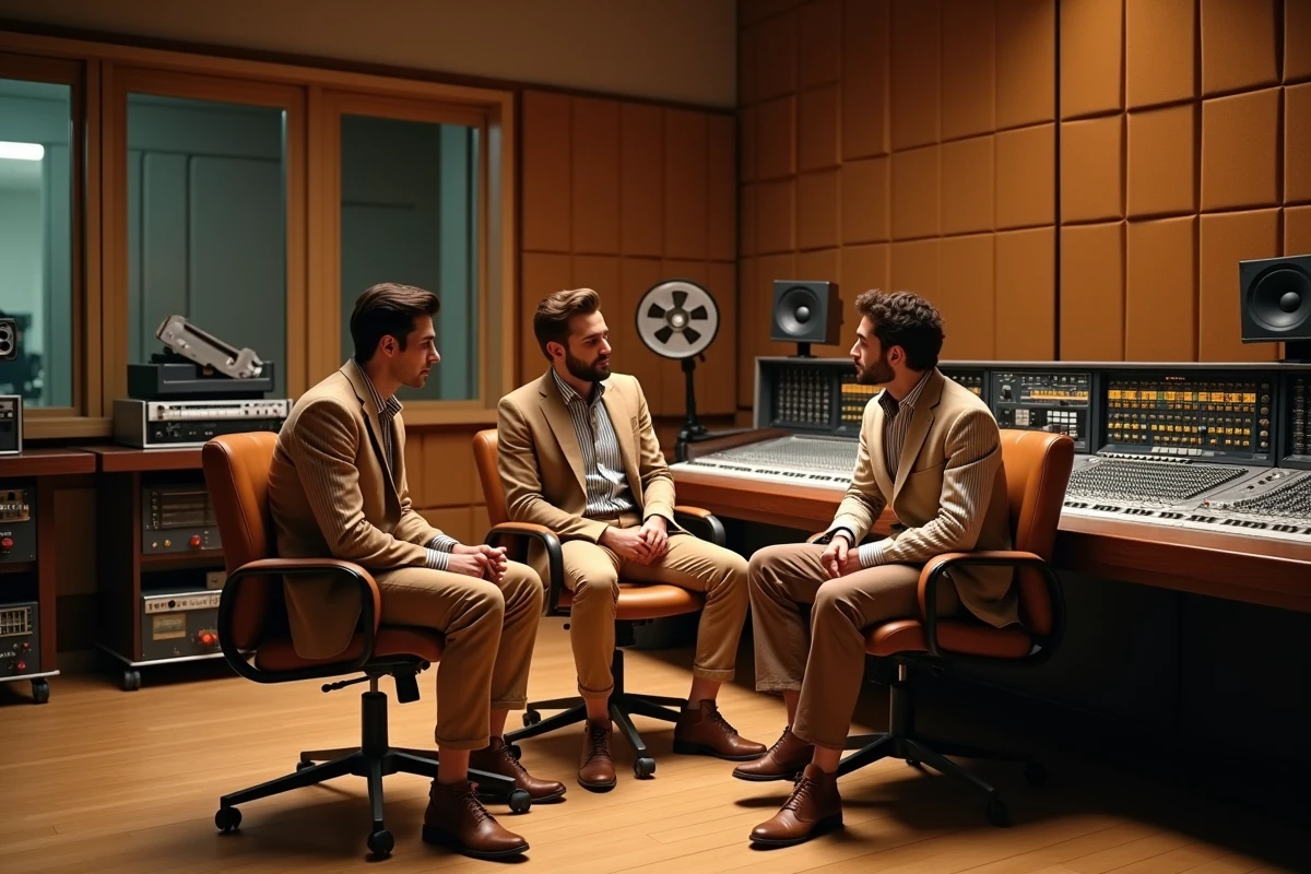 Trois jeunes hommes en mode yéyé des années 60 réunis dans un studio d'enregistrement vintage autour d'une console de mixage analogique