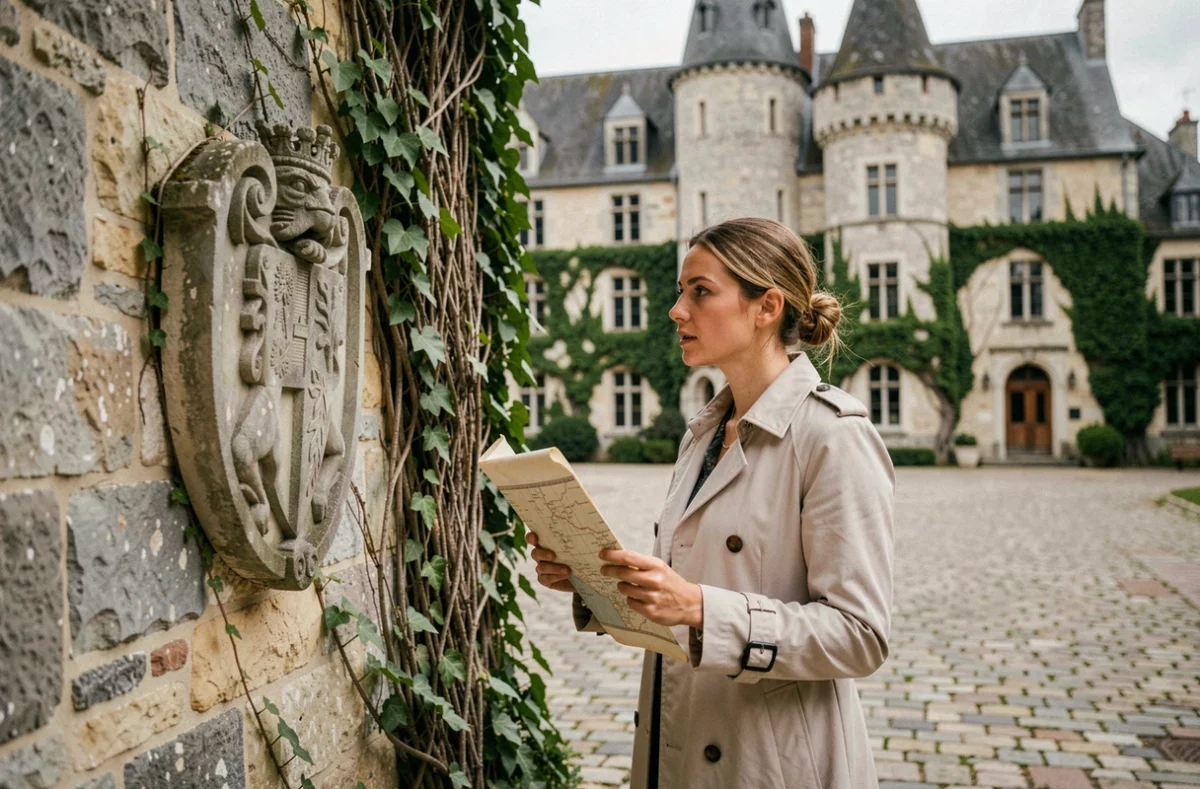 Joueuse résolvant des énigmes héraldiques dans la cour du Château du Max au Theil