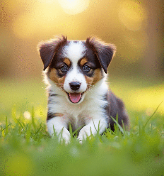 Chiot Australian Shepherd jouant en extérieur en plein soleil