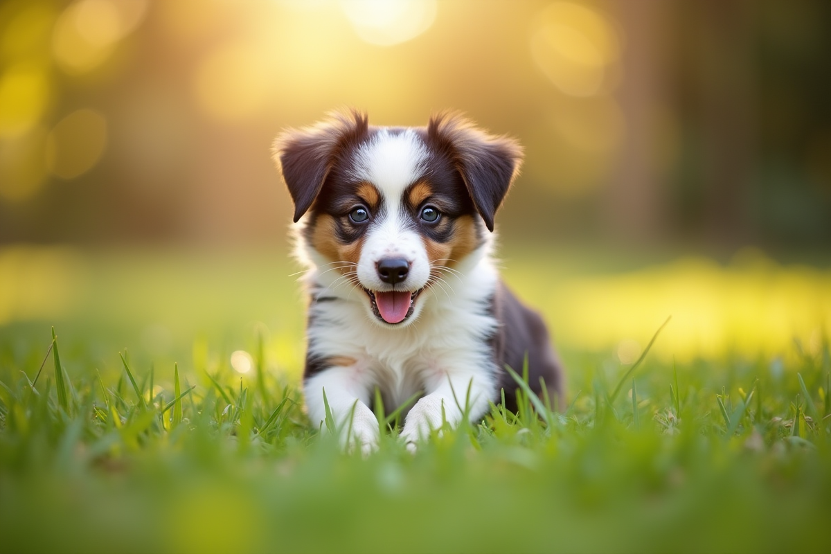Chiot Australian Shepherd jouant en extérieur en plein soleil