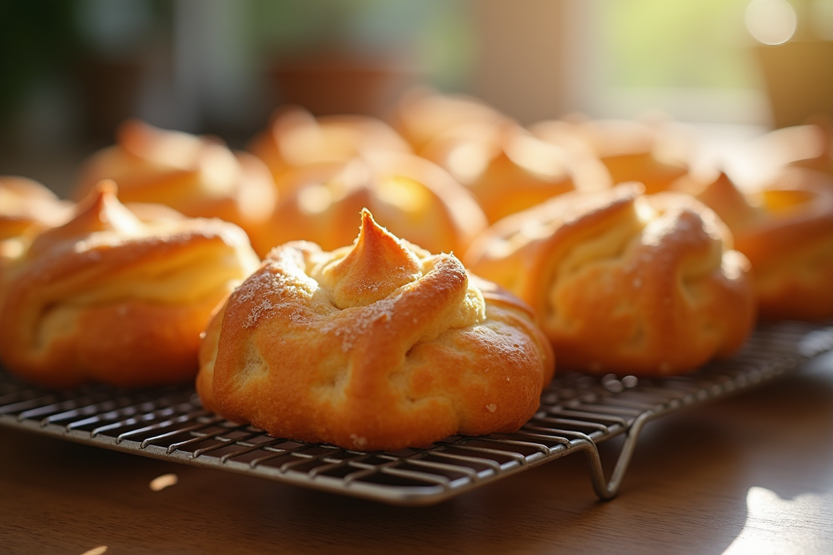Gros plan sur des choux au craquelin frais sur un grille