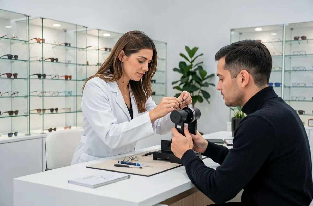 Opticienne de Clair et Net ajustant précisément des lunettes sur un client dans un cadre épuré