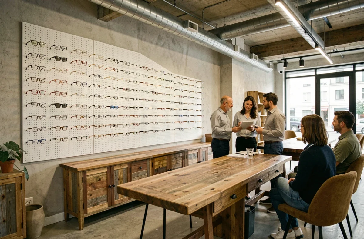 Intérieur du Collectif des Lunetiers Courbevoie avec opticiens et client dans un cadre industriel tendance