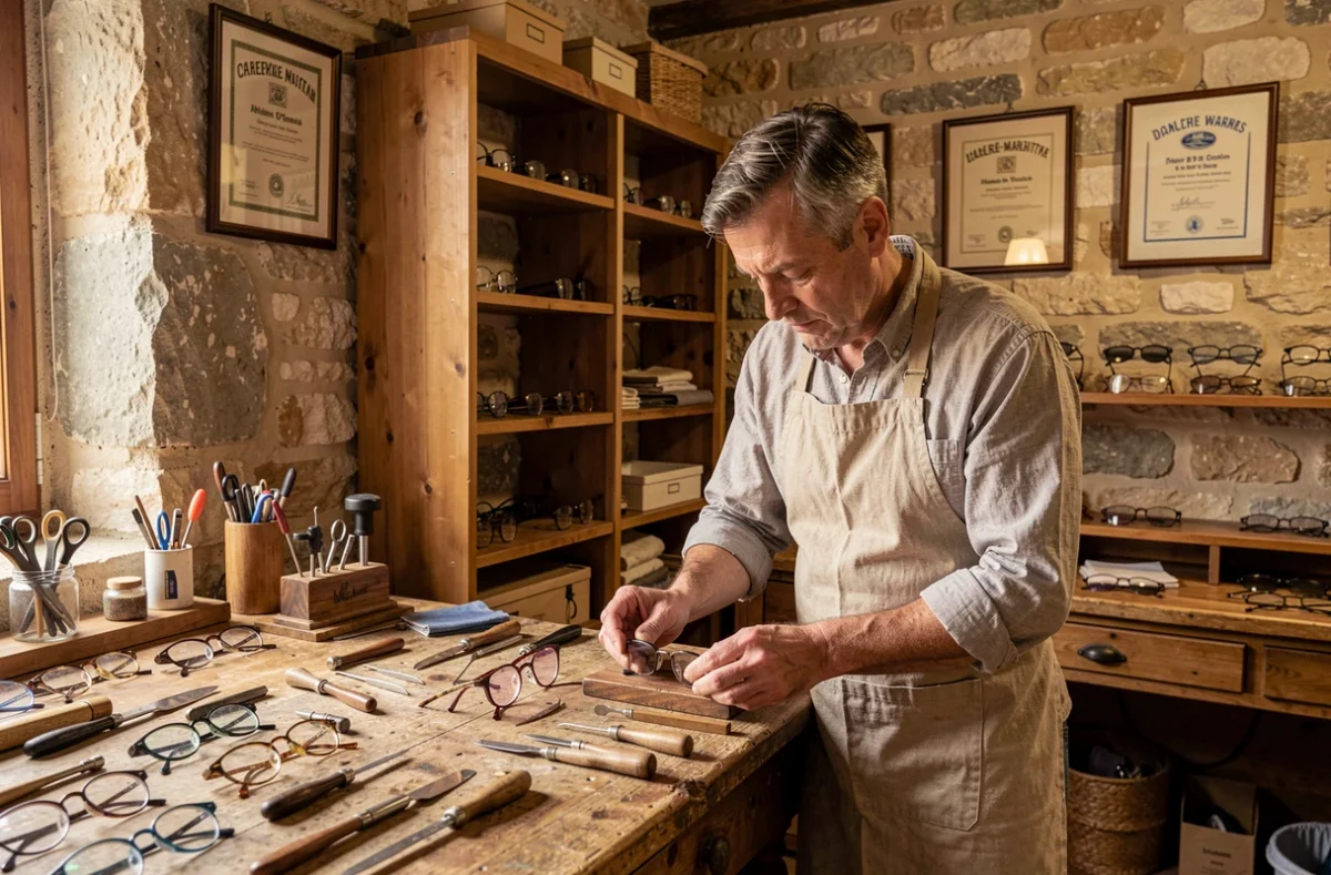 Atelier artisanal du Collectif des Lunetiers à Marennes avec un opticien ajustant des montures à la main