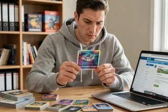 Un collectionneur adulte examine attentivement une carte Pokémon holographique rare à son bureau, entouré de guides de prix et d'accessoires de collection
