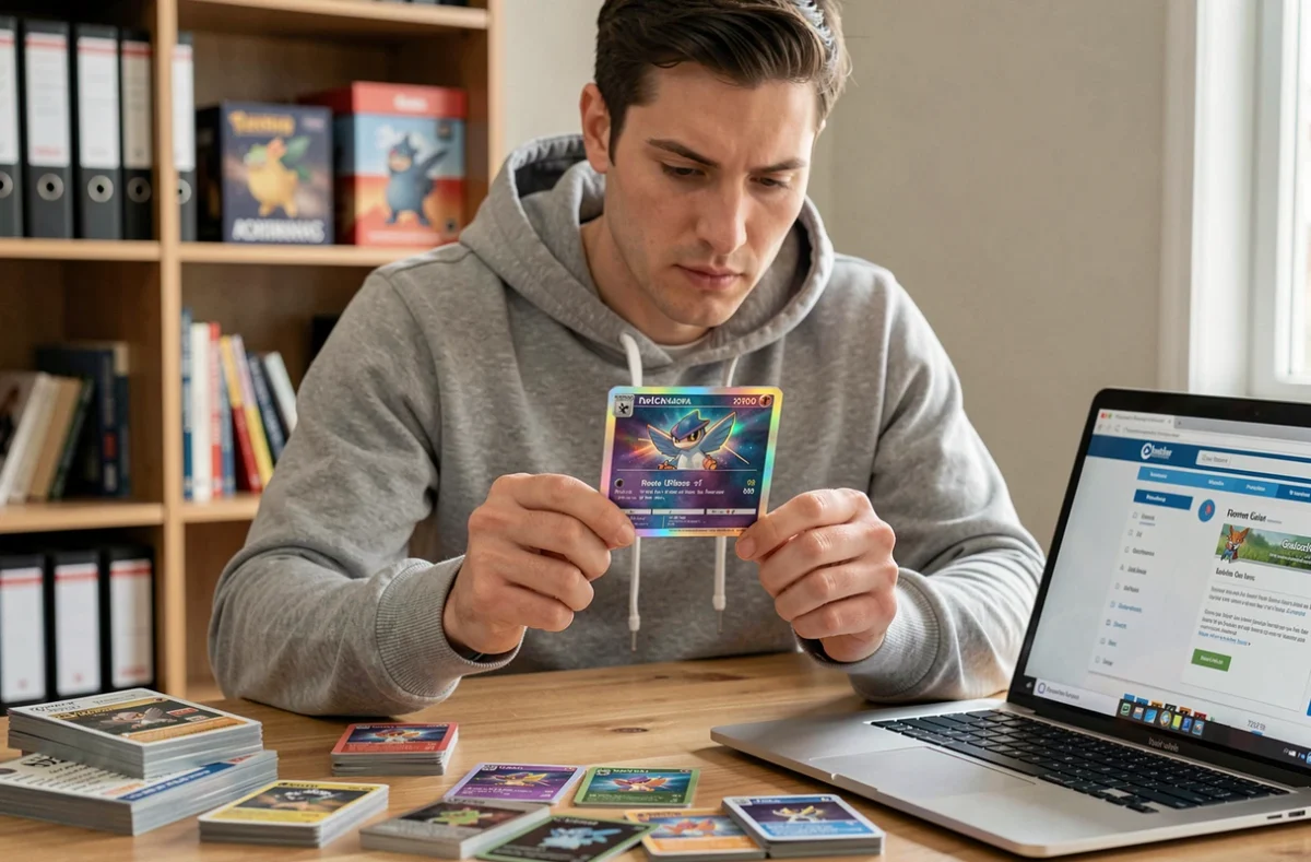 Un collectionneur adulte examine attentivement une carte Pokémon holographique rare à son bureau, entouré de guides de prix et d'accessoires de collection