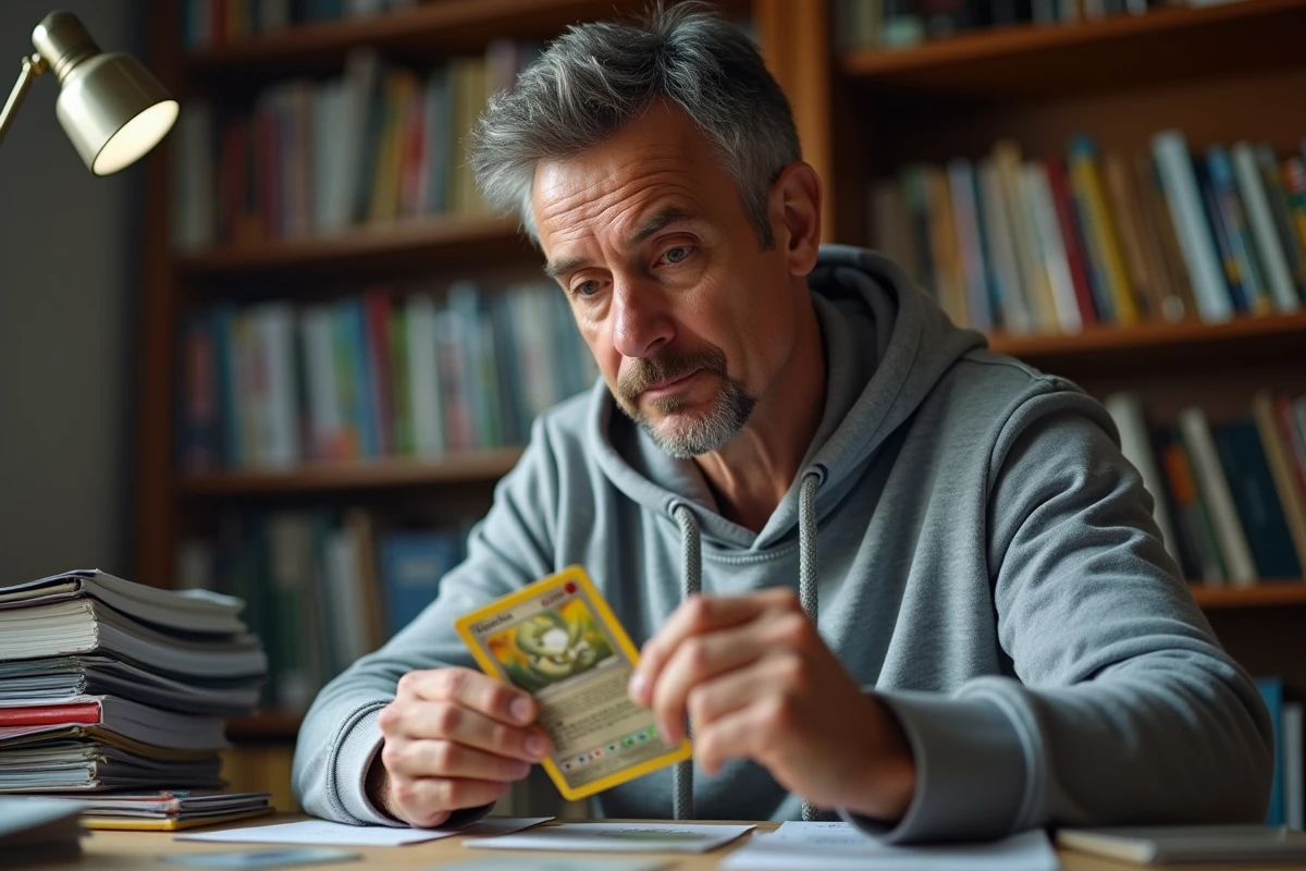 Collectionneur adulte tenant une rare carte Pokémon holographique au-dessus d'un bureau de collection organisé