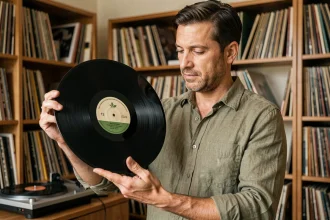 Collectionneur de vinyles tenant un 33 tours pour examiner son étiquette dans une salle dédiée aux disques vinyle