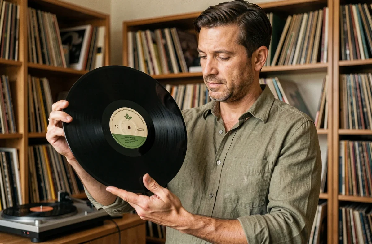 Collectionneur de vinyles tenant un 33 tours pour examiner son étiquette dans une salle dédiée aux disques vinyle