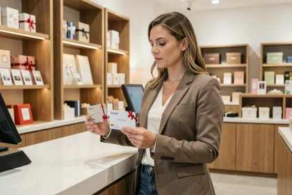 Femme comparant deux chèques cadeaux Infini et Culture dans une boutique moderne