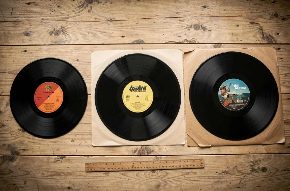 Vue à plat de quatre vinyles de tailles différentes côte à côte sur une table en bois pour comparaison de formats