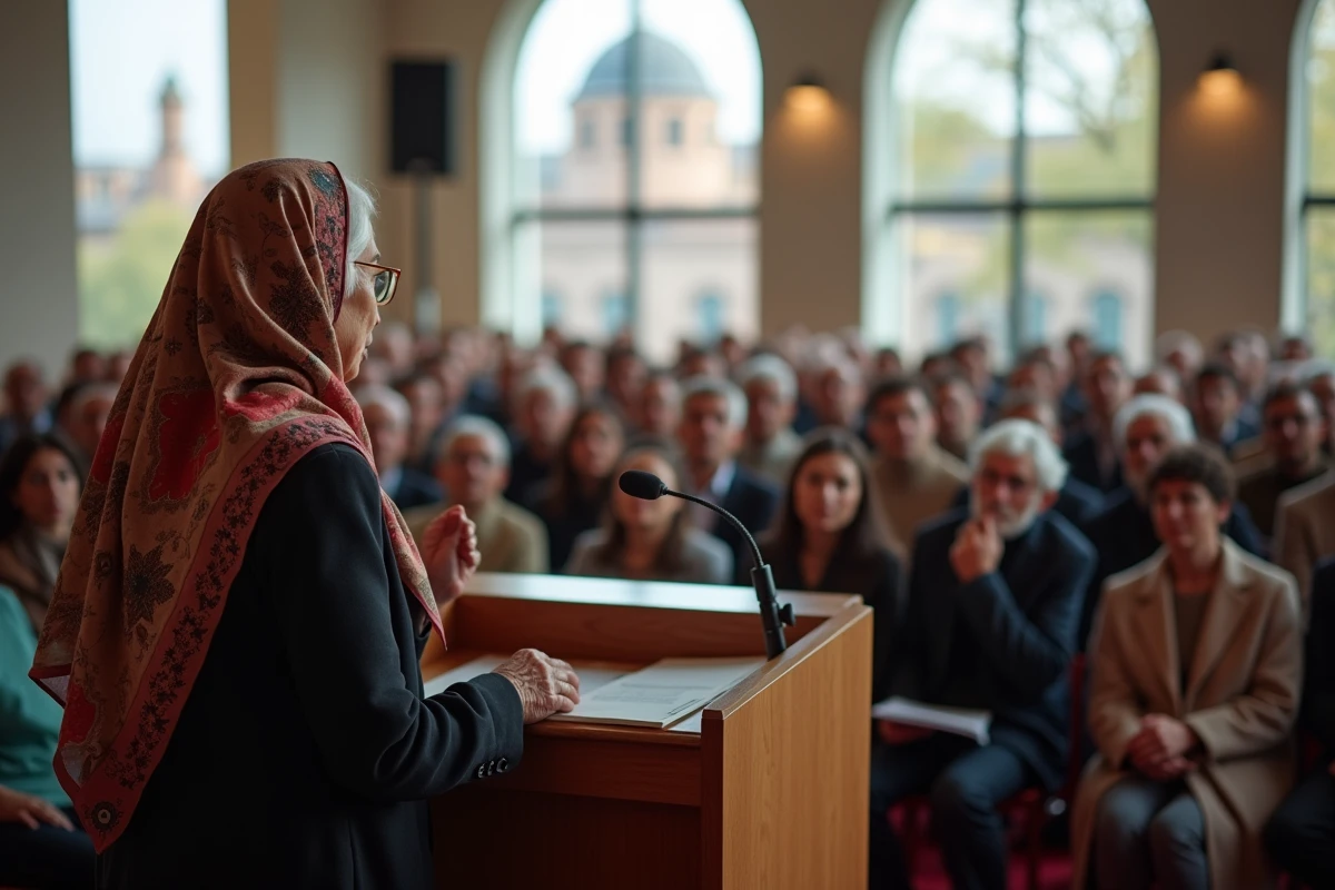 Conférence avec une femme âgée parlant devant un public dans la mosquee