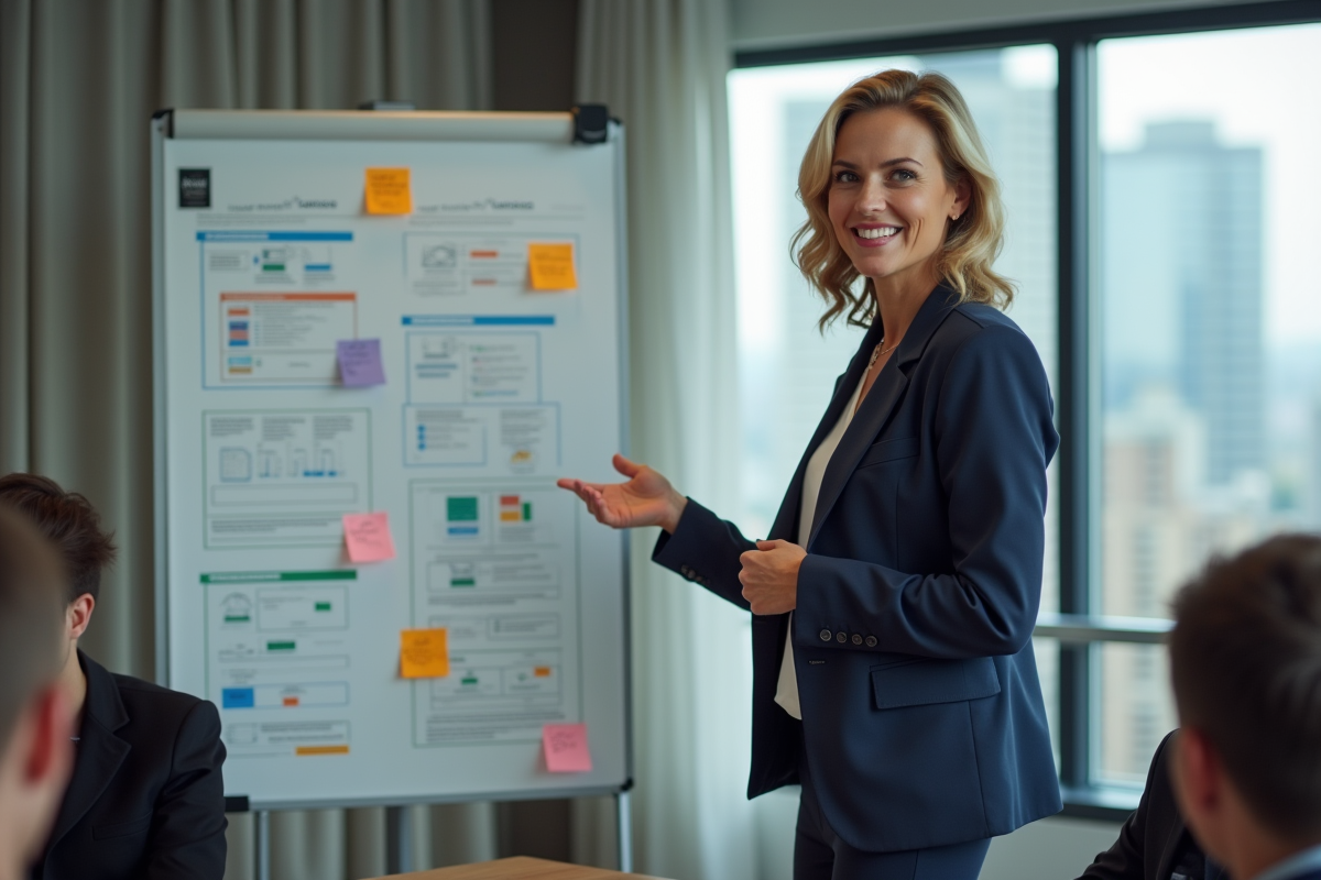 Consultante en formation avec tableau de workflow