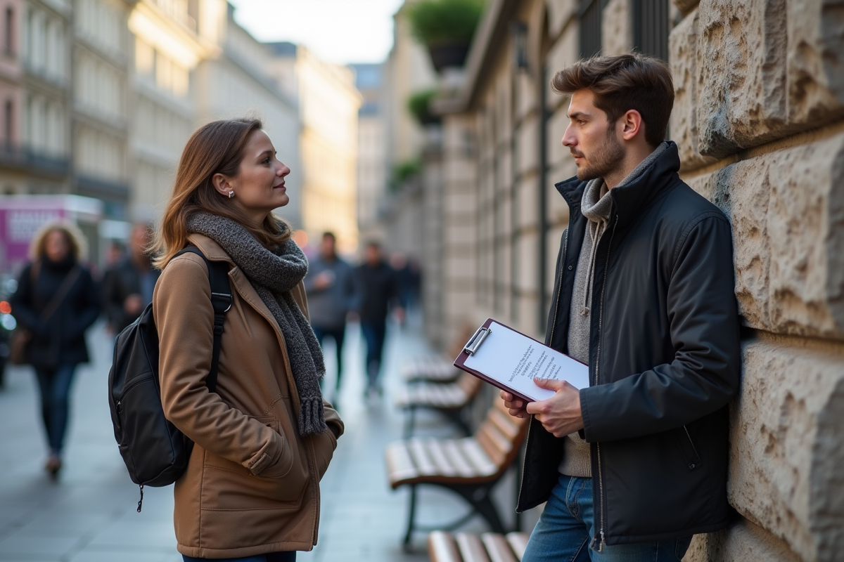 Jeune homme parlant avec une femme dans une rue urbaine