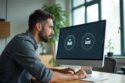 Ingénieur consultant un outil de conversion miles par heure en kilomètres par heure sur un écran d'ordinateur au bureau