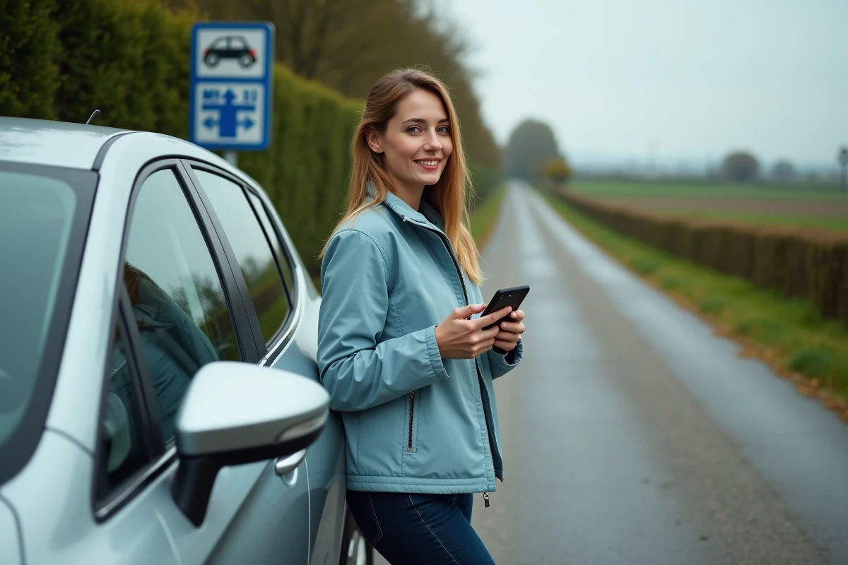 Femme consultant une application de conversion mph en km/h sur smartphone au bord d'une route européenne
