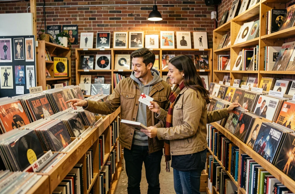 Couple utilisant un chèque cadeau dans une librairie disquaire pour choisir livres et vinyles