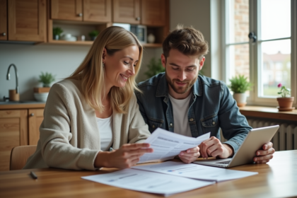 Femme et jeune homme examinent brochures santé à la maison