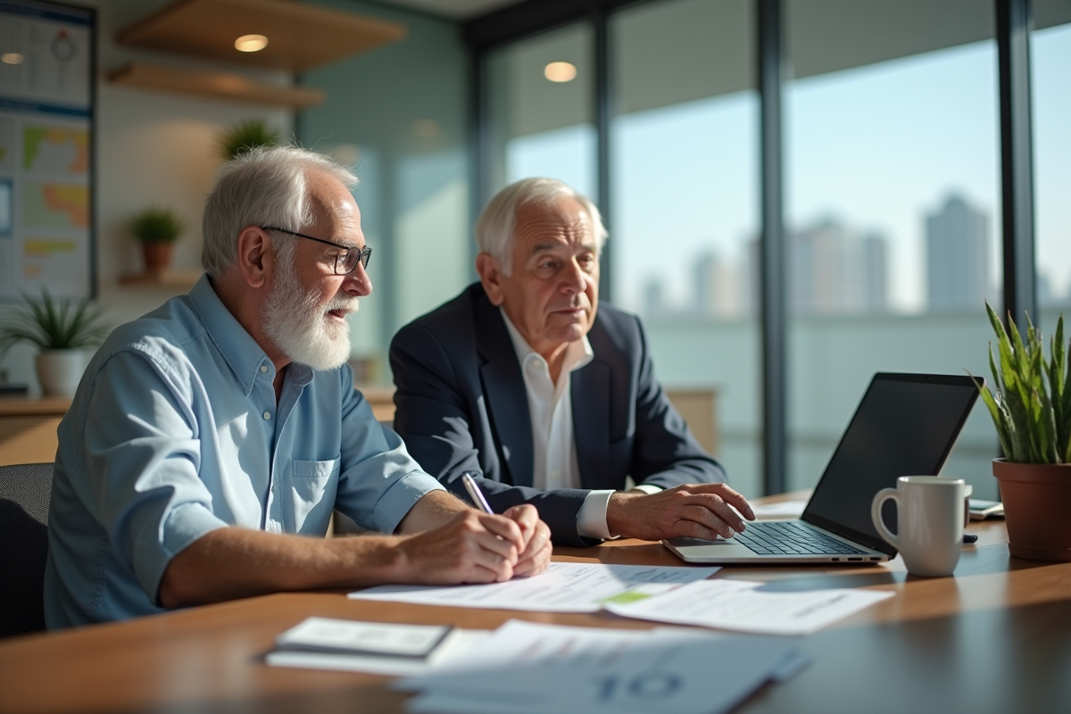 Vieux couple discute assurance avec conseiller dans un bureau