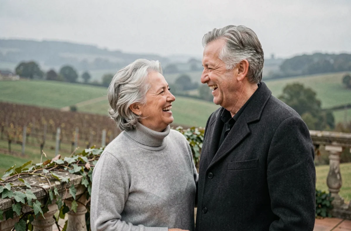 Couple élégant d'une soixantaine d'années partageant un moment complice en terrasse avec vue sur la campagne française, illustration d'une relation amoureuse discrète